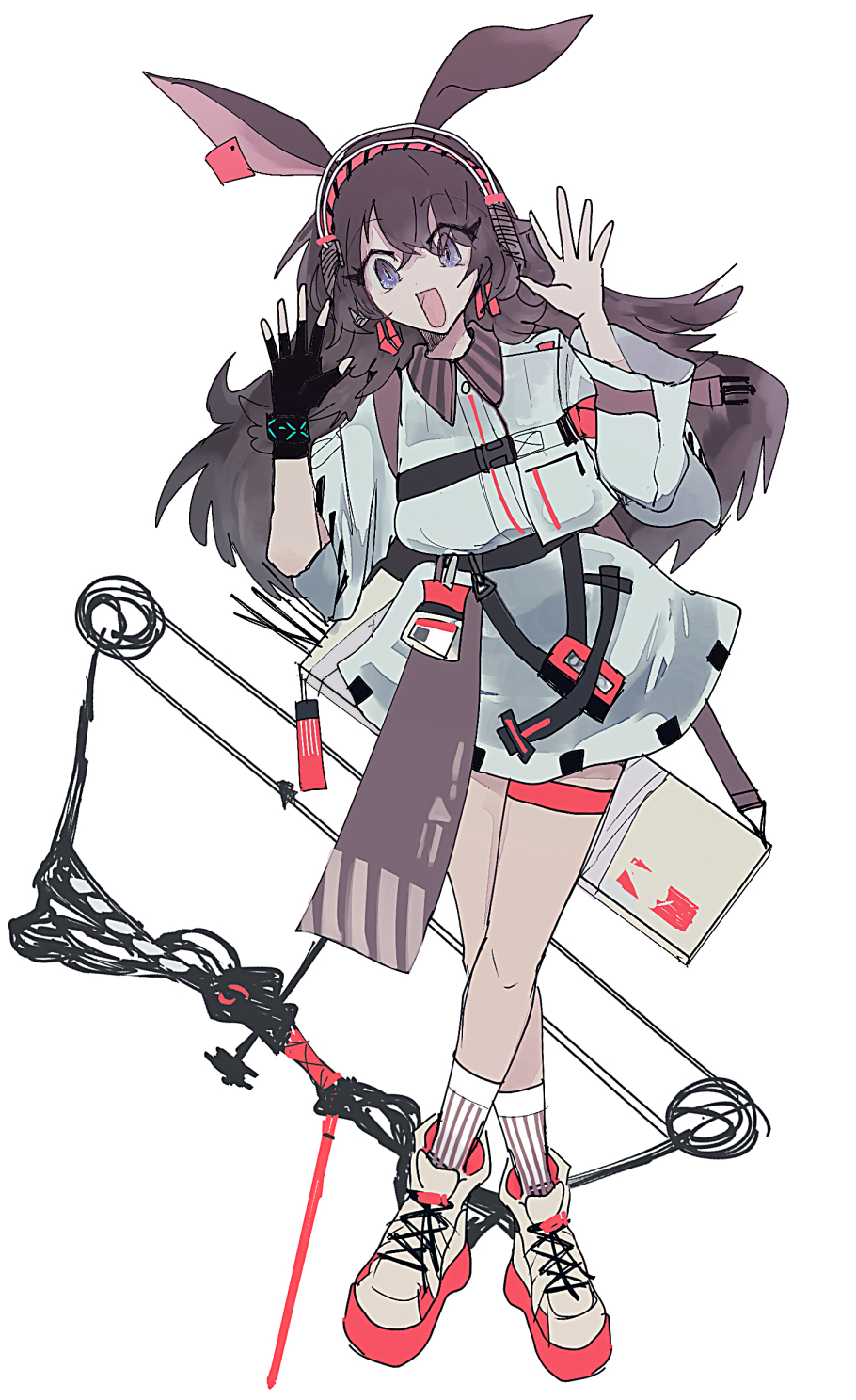 1girl, animal_ears, april_(arknights), archery_shooting_glove, arknights, arrow_(projectile), bag, bare_legs