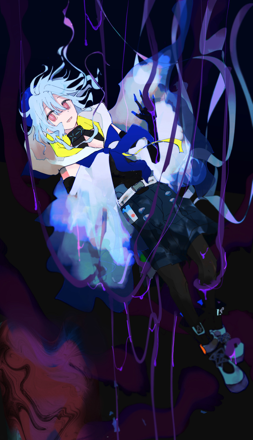 1boy, arknights, black_background, black_gloves, black_pants, black_shirt, blue_hair, blue_headwear