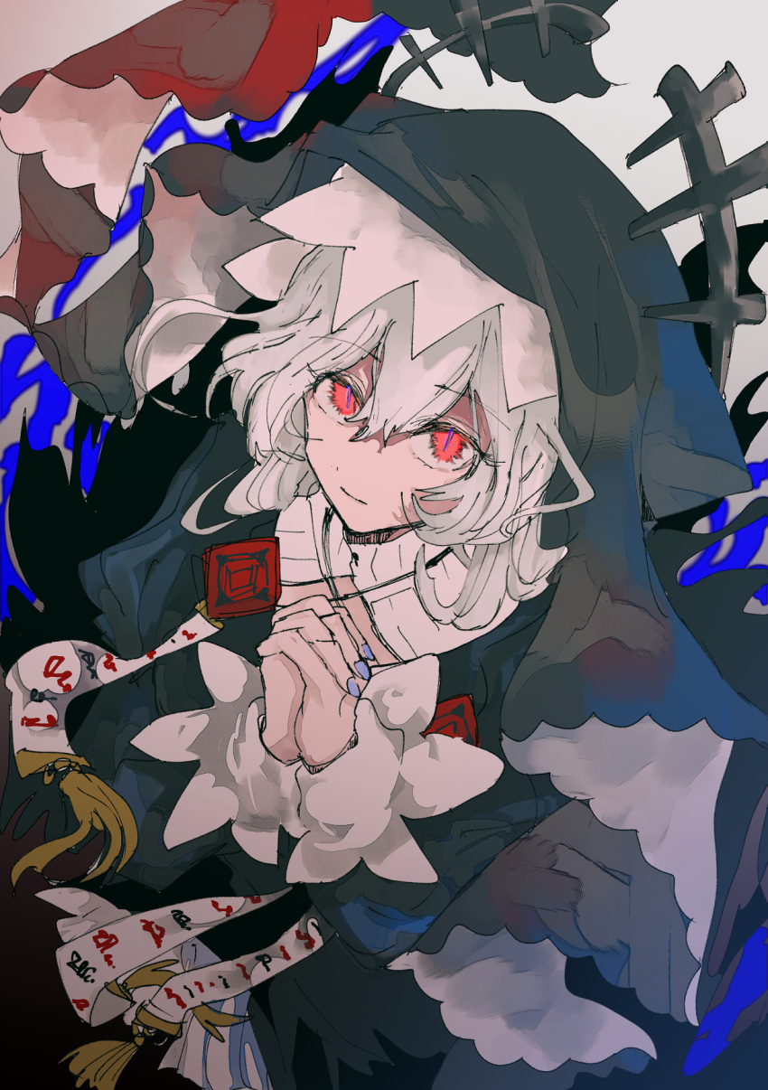 1girl, arknights, black_dress, blue_nails, commentary_request, dress, from_above, grey_background, grey_hair, habit, headpiece, highres, hotananu, long_hair, looking_at_viewer, looking_up, nail_polish, nun, red_eyes, simple_background, smile, solo, specter_(arknights), tagme