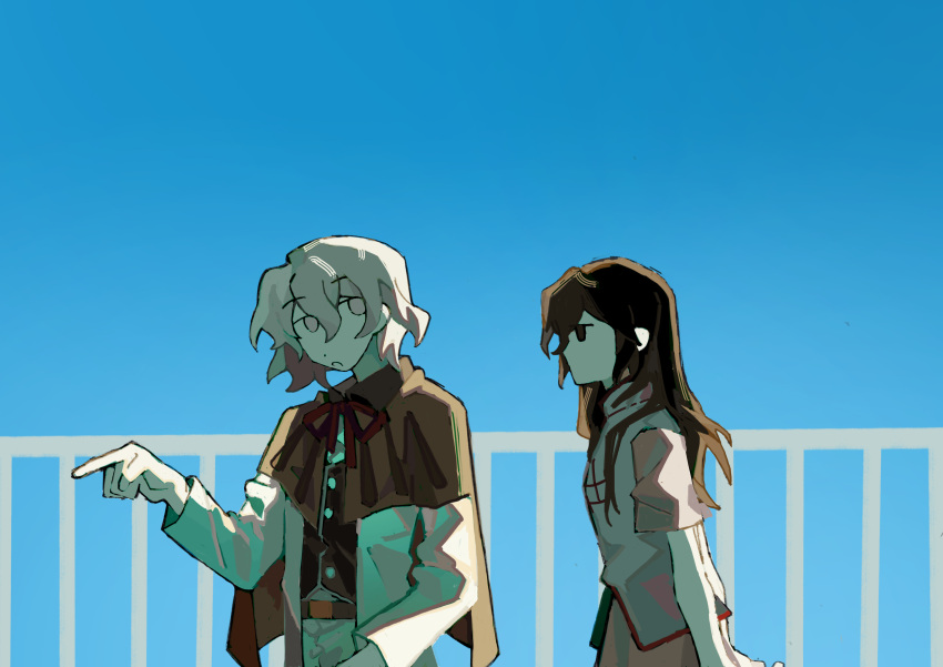 2girls, aaayamitsu, absurdres, belt, black_eyes, black_hair, brown_belt, brown_cape, brown_vest, cape, chinese_commentary, commentary_request, dress, haru_(len'en), highres, jacket, len'en, long_hair, long_sleeves, multiple_girls, open_clothes, open_jacket, pants, pink_dress, shirt, shitodo_hoojiro, short_hair, short_sleeves, vest, white_eyes, white_hair, white_jacket, white_pants, white_shirt, white_vest