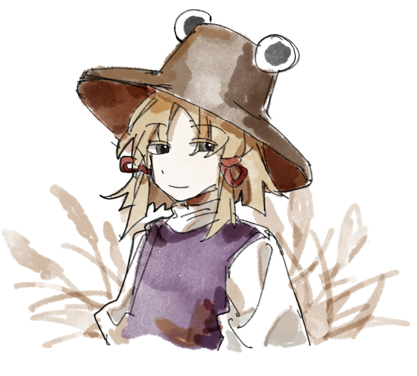 1girl, aaayamitsu, blonde_hair, brown_headwear, chinese_commentary, closed_mouth, commentary_request, flat_chest, frog_hat, grey_eyes, hat, highres, long_sleeves, medium_hair, moriya_suwako, purple_vest, shirt, sketch, smile, solo, touhou, upper_body, vest, white_shirt