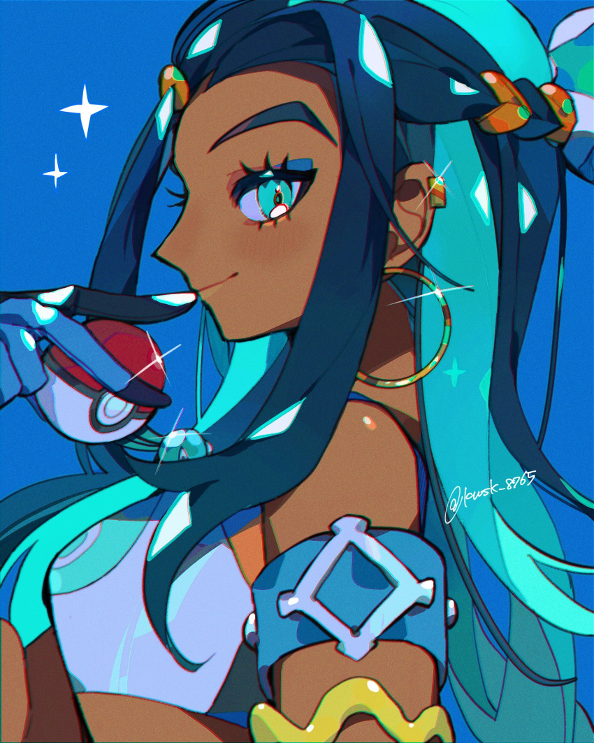 1girl, armlet, bare_shoulders, black_hair, blue_eyes, blue_eyeshadow, blue_hair, commentary