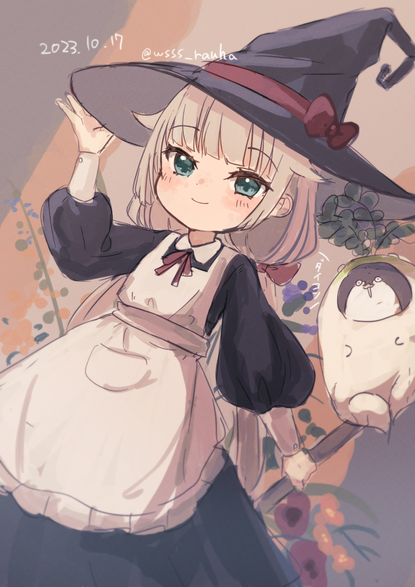 1girl, absurdres, alternate_costume, apron, black_dress, black_headwear, bokukawauso, daikon_costume, dress, green_eyes, grey_hair, halloween_costume, hat, highres, kantai_collection, long_hair, low_twintails, mikura_(kancolle), otter, twintails, white_apron, witch_hat, wss_(nicoseiga19993411)