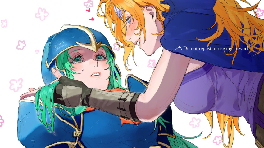 2girls, 91007, aqua_eyes, aqua_hair, armor, artist_name, black_gloves, blonde_hair
