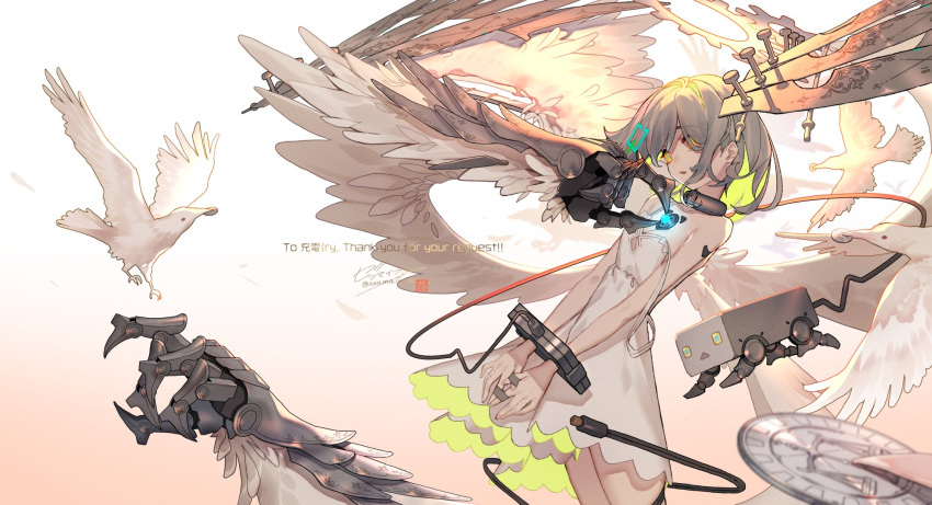 1girl, angel, angel_wings, bird, blonde_hair, bound, bound_wrists, cable