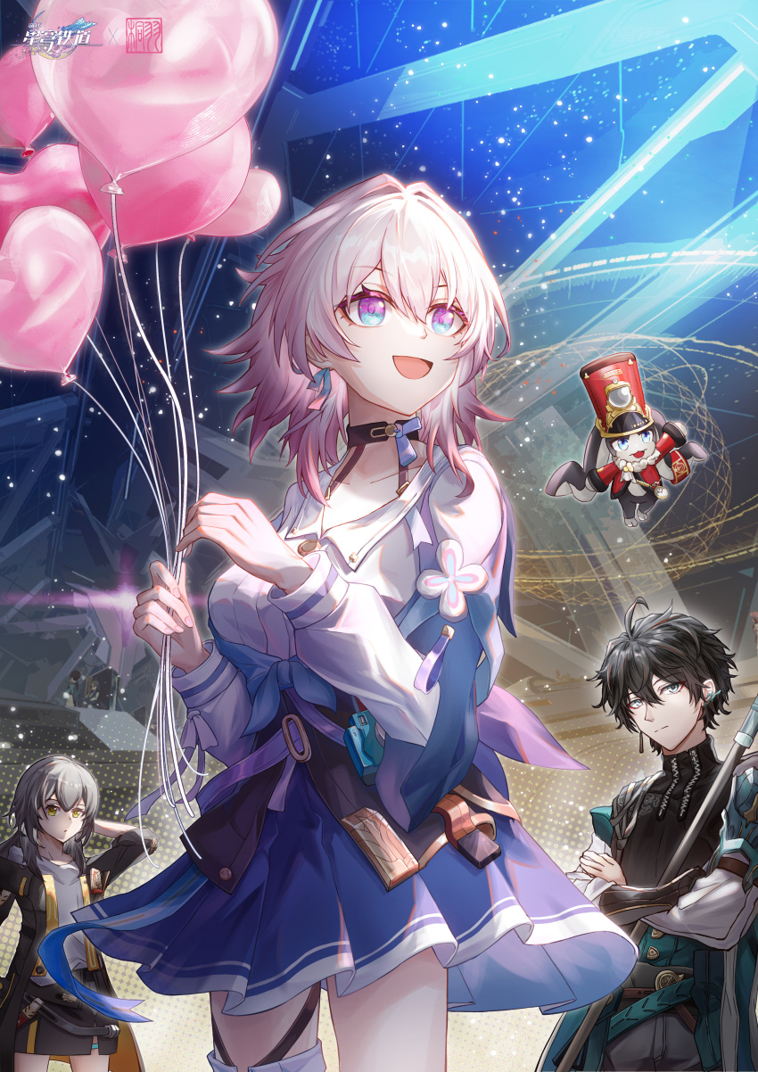 1boy, 2girls, :d, absurdres, balloon, black_choker, black_hair, black_jacket