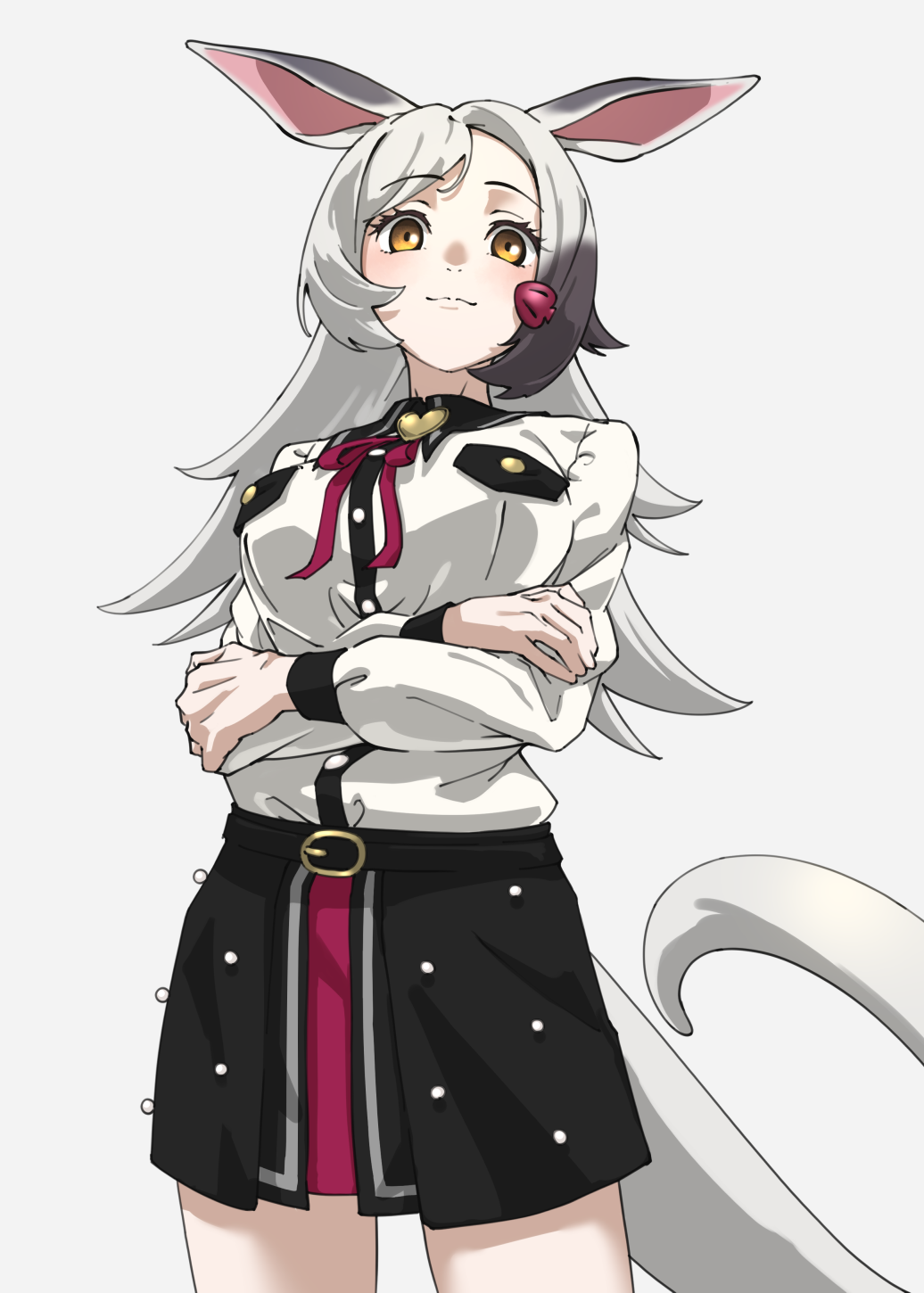 1girl, aardvark_(kemono_friends), animal_ears, black_hair, black_skirt, black_trim, blush, bow