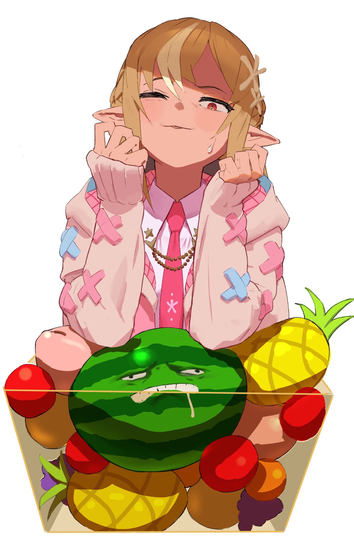 1girl, blonde_hair, dark-skinned_female, dark_skin, dress, elf, flower, food