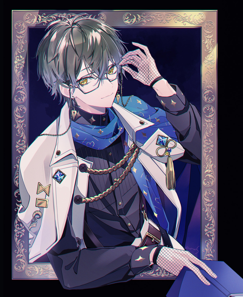 1boy, belt, black_shirt, blue_scarf, book, brown_belt, brown_hair, dress_shirt