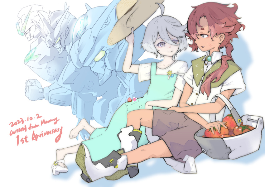 2girls, ahoge, anniversary, commentary, dated, english_text, green_eyes, grey_eyes, gundam, gundam_aerial, gundam_aerial_rebuild, gundam_calibarn, gundam_suisei_no_majo, hat, highres, holding, holding_clothes, holding_hat, long_hair, low_ponytail, mecha, miorine_rembran, mobile_suit, multiple_girls, ni~tsu_kashi, redhead, robot, short_hair, sitting, suletta_mercury, tomato, v-fin, white_hair, yuri