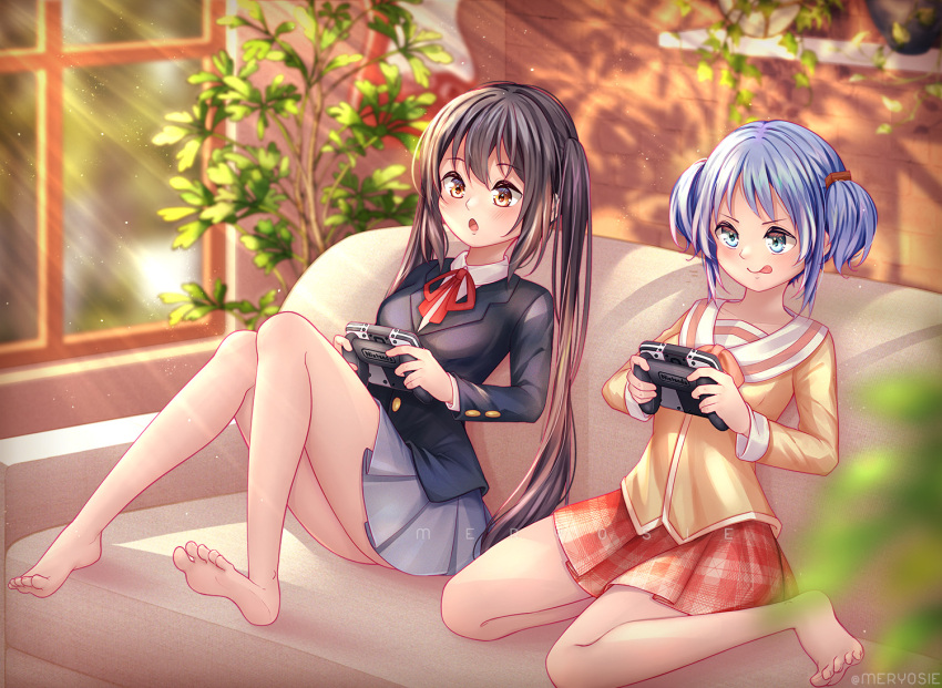 2girls, barefoot, black_hair, blue_eyes, blue_hair, breasts, collar, commentary