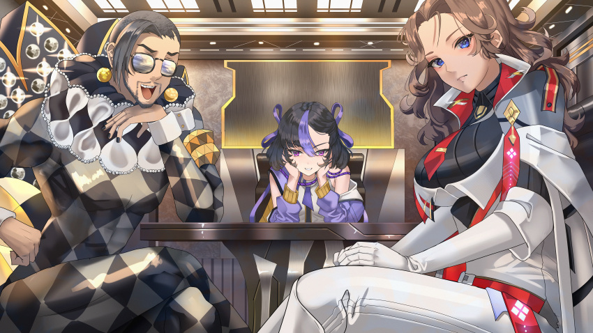 1boy, 2girls, :d, absurdres, beard, black_hair, black_nails, blue_eyes