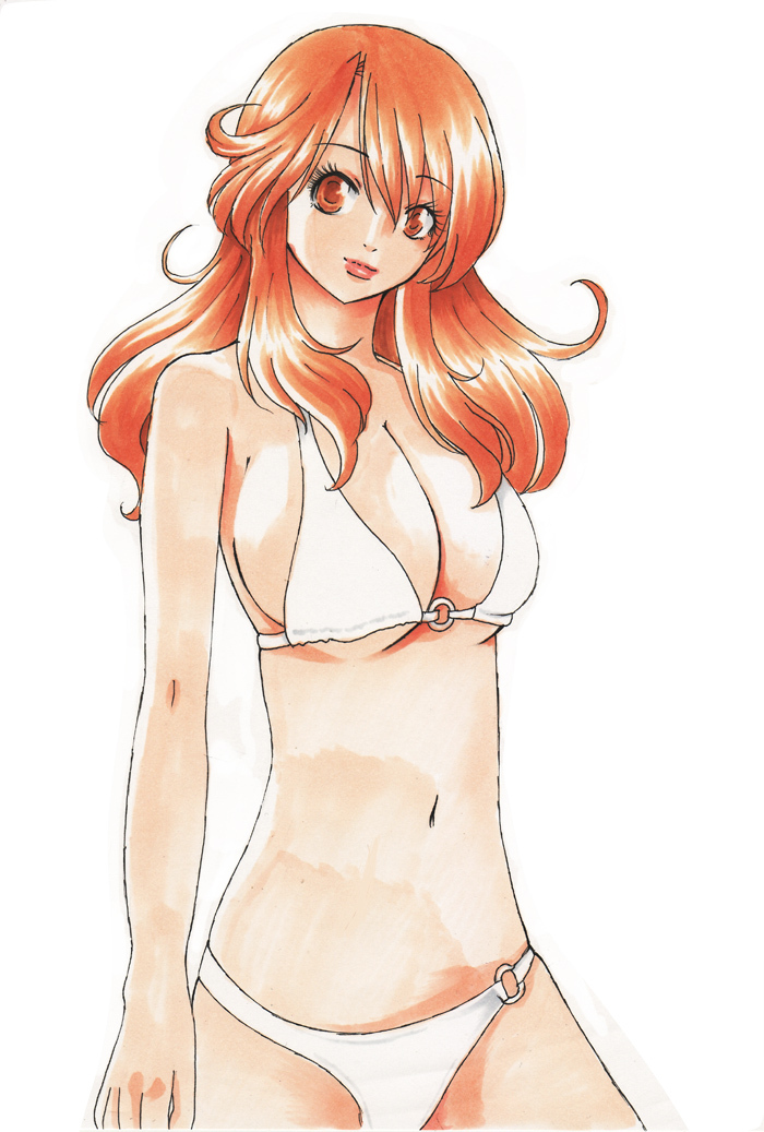 bikini, cleavage, large_breasts, lips, long_hair, mizusawa_nodoka, orange_eyes, orange_hair, original, sideboob, swimsuit, underboob
