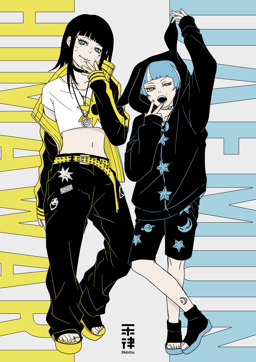 1boy, 1girl, animal_ears, animal_hood, baggy_pants, belt, black_hair, black_pants, black_shorts, blue_eyes, blue_hair, boruto:_two_blue_vortex, character_name, commentary_request, cropped_shirt, daemon_(naruto), eyebrow_piercing, facial_mark, fake_animal_ears, highres, hood, hoodie, ikkiritsu, jacket, multicolored_hair, off_shoulder, open_mouth, pants, piercing, rabbit_hood, sandals, shorts, toeless_footwear, two-tone_hair, uzumaki_himawari, whisker_markings, white_hair, yawning, yellow_belt