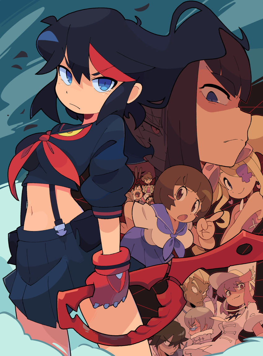 5boys, 6+girls, absurdres, bacun, black_hair, black_skirt, blonde_hair, blue_eyes
