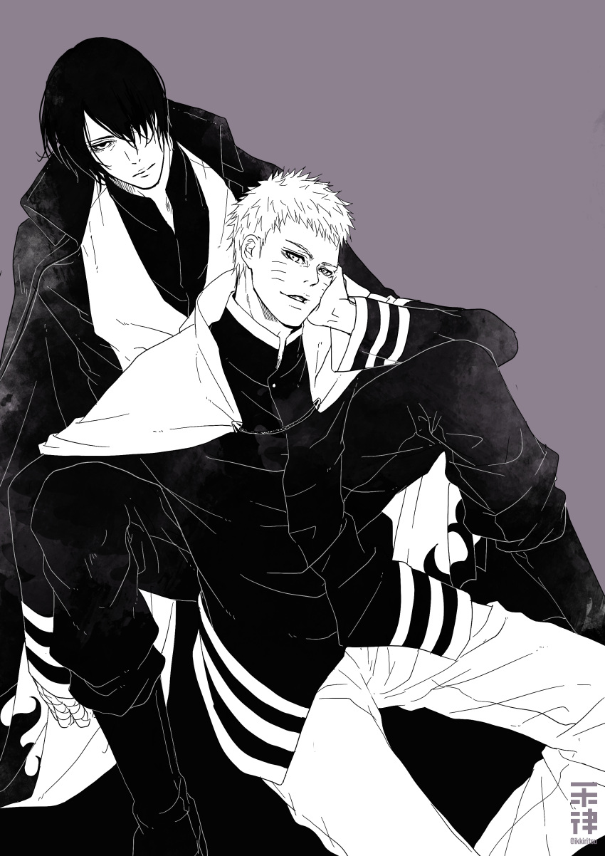 2boys, absurdres, boruto:_naruto_next_generations, cloak, commentary_request, facial_mark, greyscale, hair_over_one_eye, highres, ikkiritsu, male_focus, monochrome, multiple_boys, naruto_(series), scowl, smile, twitter_username, uchiha_sasuke, uzumaki_naruto, whisker_markings