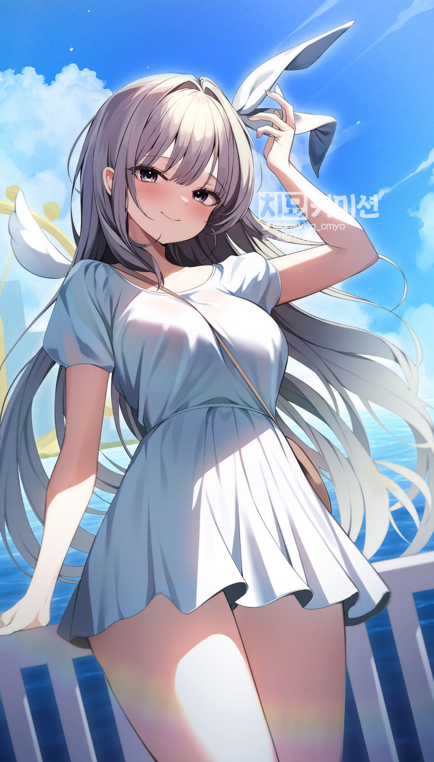 1girl, absurdres, against_railing, arm_up, artist_name, bag, blue_sky, blush, breasts, brown_bag, chimyo, closed_mouth, clouds, commentary_request, commission, day, dress, grey_eyes, grey_hair, hair_ribbon, highres, korean_commentary, long_hair, looking_at_viewer, maplestory, medium_breasts, ocean, outdoors, railing, ribbon, short_sleeves, sky, smile, solo, thighs, white_dress, white_ribbon