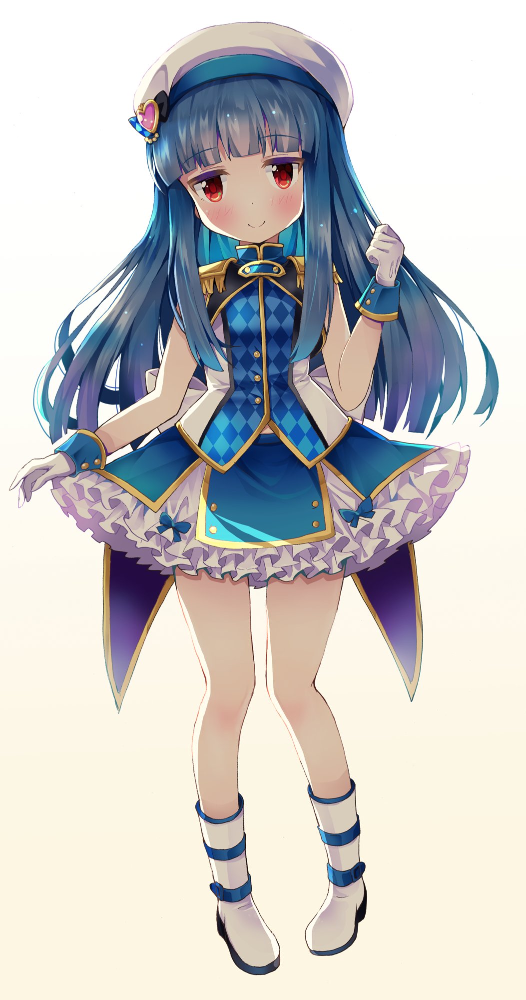 1girl, blue_hair, blue_jacket, blue_skirt, blush, boots, checkered_clothes, checkered_jacket
