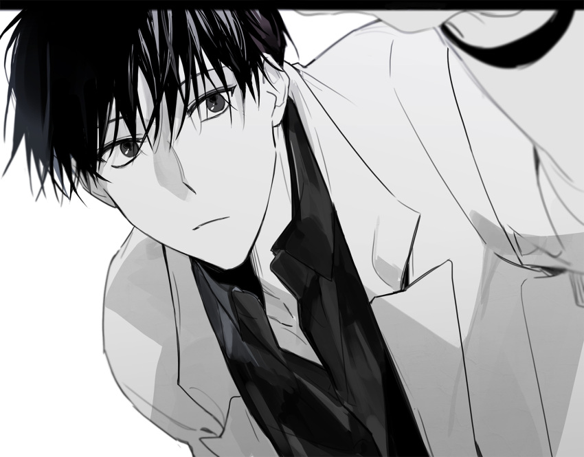 1boy, black_eyes, black_hair, black_shirt, closed_mouth, coat, collared_shirt, greyscale
