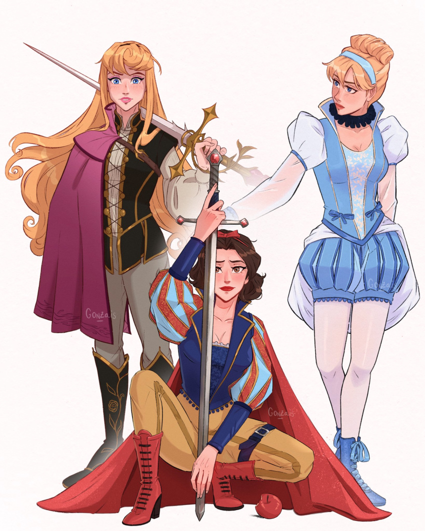 3girls, aurora_(disney), black_footwear, black_hair, blonde_hair, blue_eyes, blue_footwear, blue_hairband, boots, brown_eyes, brown_pants, cape, cinderella, cinderella_(disney), cinderella_(disney_character), cinderella_(disney_movie), crossover, disney, disney_princess, gonzais, hairband, highres, holding, holding_sword, holding_weapon, long_hair, looking_at_another, looking_at_viewer, over_shoulder, pants, puffy_short_sleeves, puffy_sleeves, purple_cape, red_cape, red_footwear, short_hair, short_sleeves, simple_background, sleeping_beauty, sleeping_beauty_(disney), snow_white, snow_white_(disney), snow_white_and_the_seven_dwarfs_(disney), squatting, sword, weapon, weapon_over_shoulder, white_background