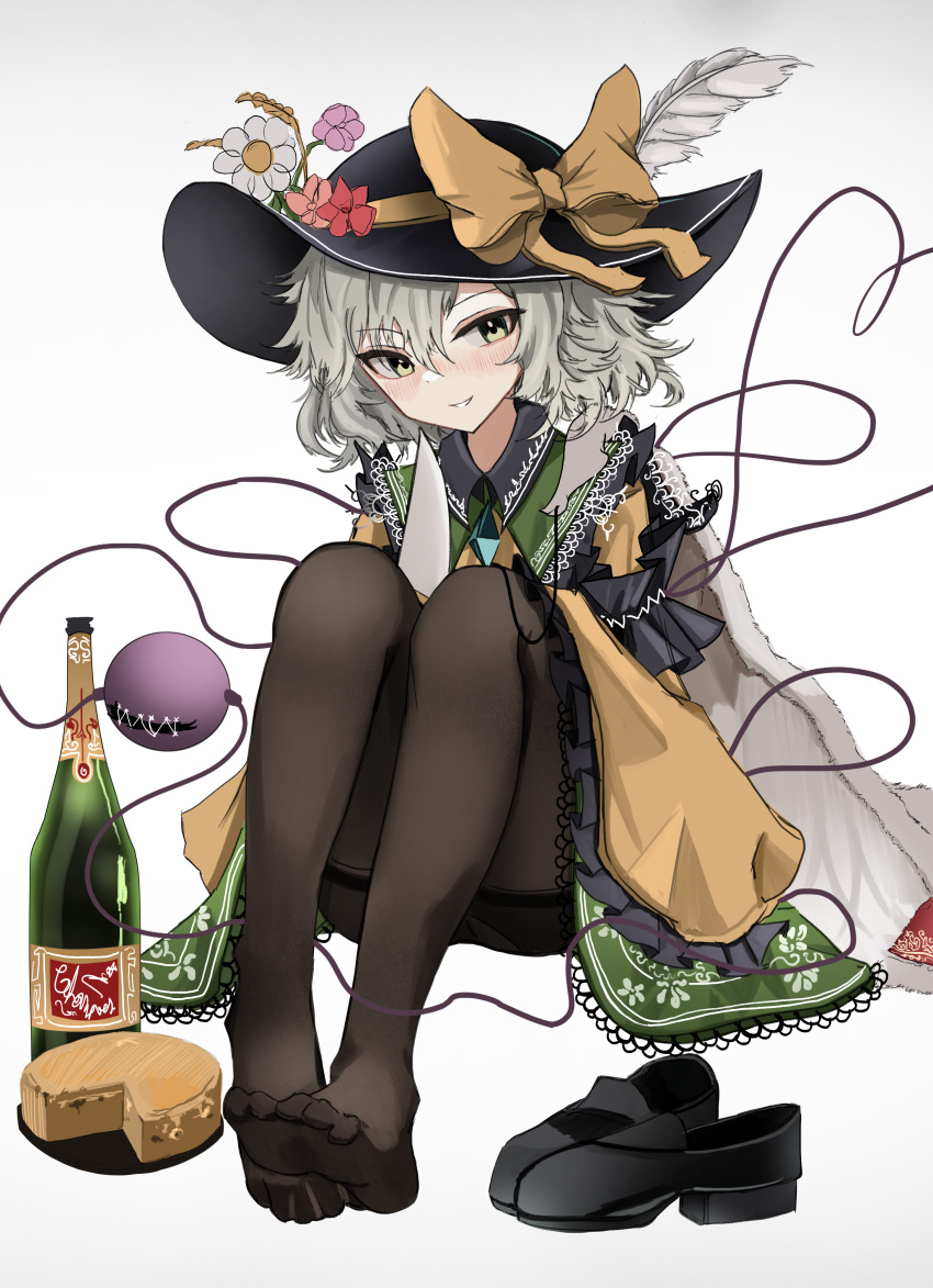 1girl, absurdres, alcohol, ass, black_pantyhose, champagne, cheese, feet, floral_print, flower, food, full_body, green_eyes, green_hair, green_skirt, hat, hat_flower, highres, holding, holding_knife, jacket, knife, komeiji_koishi, looking_at_viewer, ougiikun, pantyhose, pink_flower, red_flower, shoes, skirt, smile, soles, solo, thigh-highs, toes, touhou, unworn_shoes, white_background, white_flower, yellow_jacket