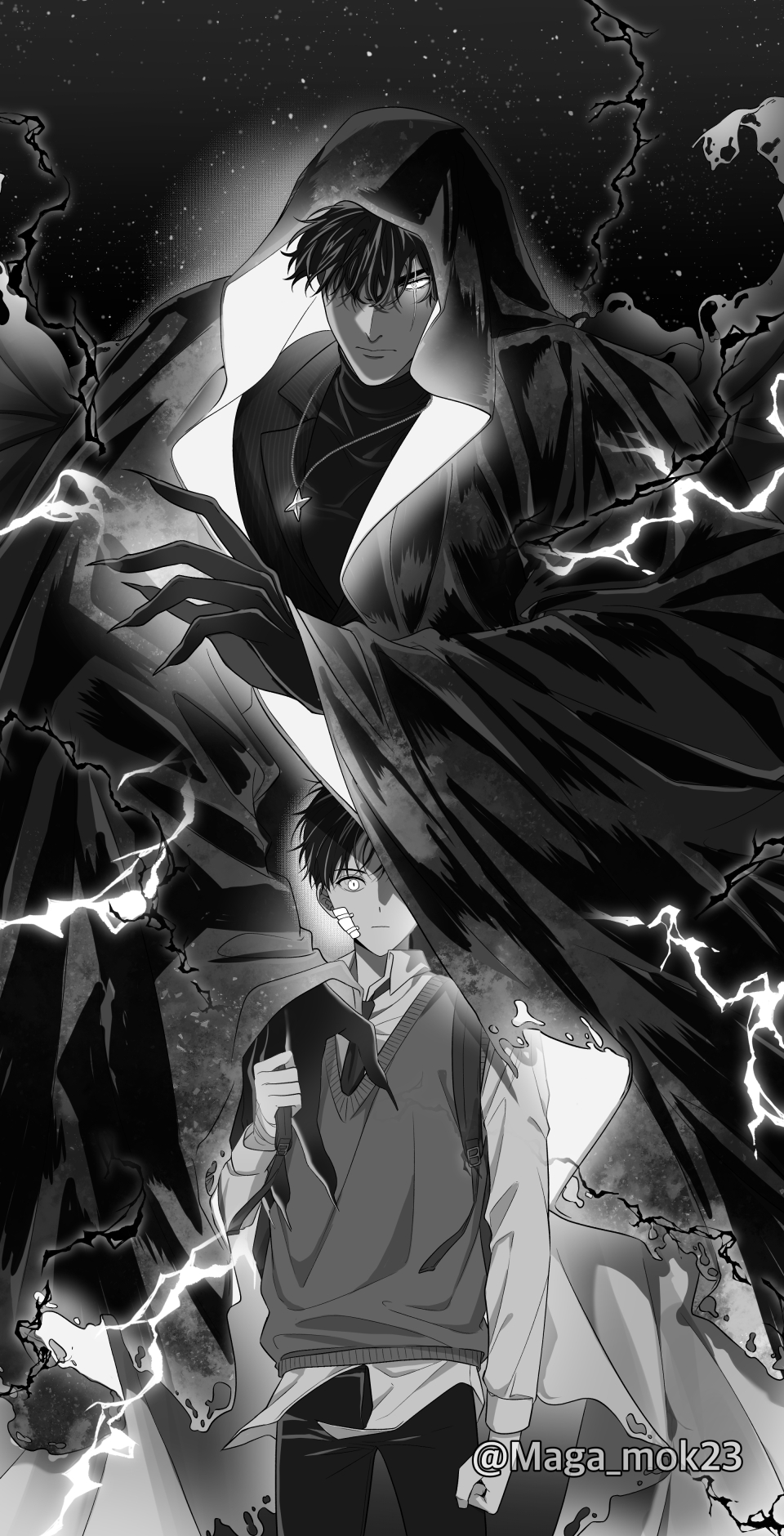 2boys, black_eyes, black_hair, black_pants, cloak, collared_shirt, fingernails, glowing