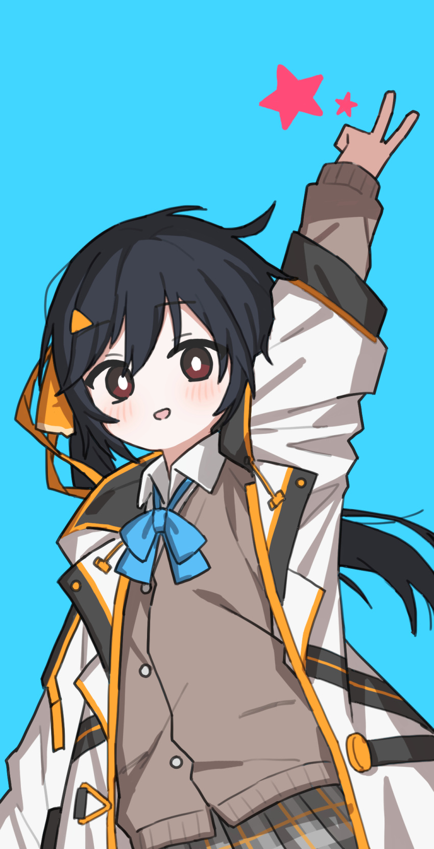 1girl, arm_up, black_coat, black_hair, blue_background, blue_bow, blue_bowtie, blush