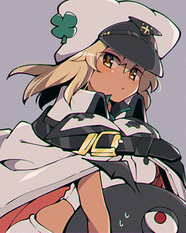 1girl, blonde_hair, clover, dark-skinned_female, dark_skin, four-leaf_clover, grey_background, guilty_gear