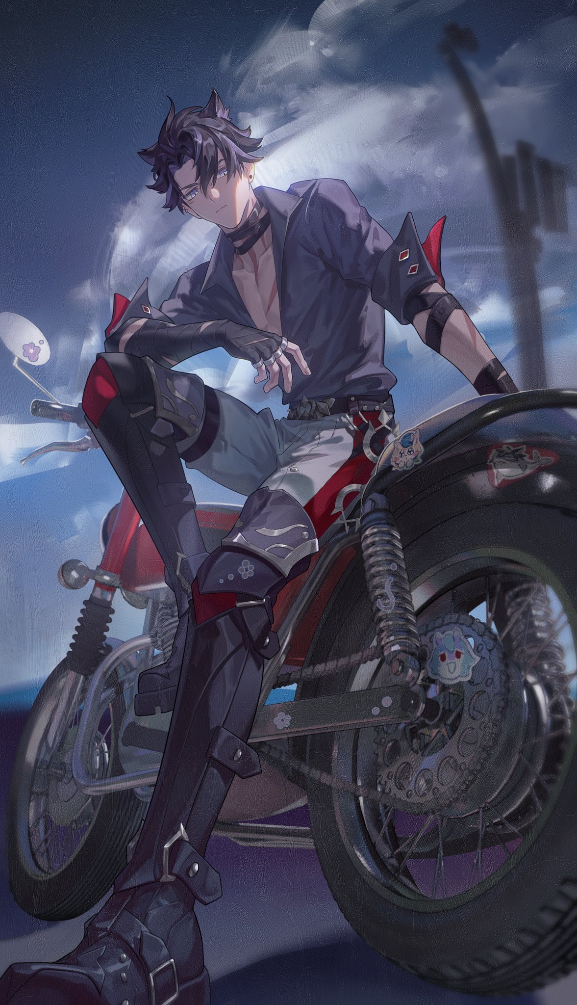 1boy, arm_support, bandaged_arm, bandaged_neck, bandages, black_footwear, black_gloves, black_hair, black_shirt, blue_sky, boots, closed_mouth, clouds, collarbone, collared_shirt, commentary_request, cuffs, day, ear_piercing, earrings, expressionless, fingerless_gloves, genshin_impact, gloves, grey_hair, grey_pants, hair_between_eyes, handcuffs, highres, jewelry, knee_up, leaning_against_motorcycle, looking_at_viewer, male_focus, melusine_(genshin_impact), motor_vehicle, motorcycle, multicolored_hair, open_clothes, open_collar, open_shirt, outdoors, pants, parted_bangs, piercing, scar, scar_on_chest, scar_on_neck, shirt, short_hair, short_sleeves, sky, sleeve_cuffs, solo, sticker, streaked_hair, stud_earrings, thigh_boots, violet_eyes, wriothesley_(genshin_impact), yulin_tian