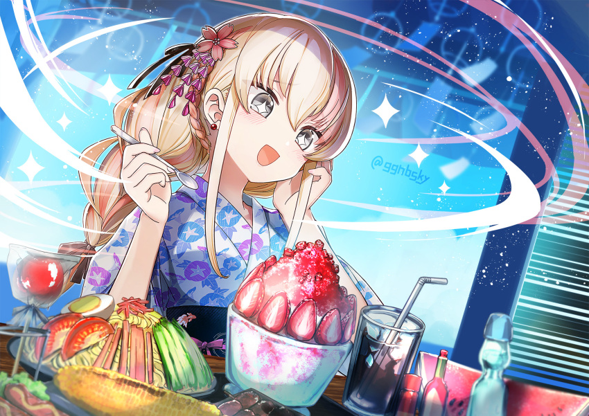 1girl, black_bow, black_sash, blonde_hair, bow, braid, braided_ponytail, candy_apple