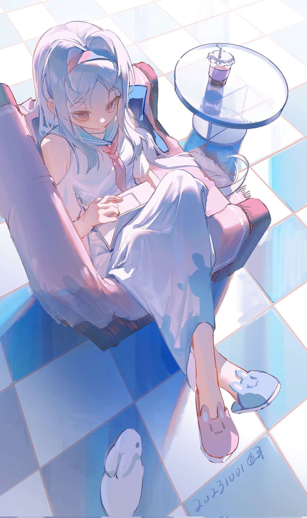 1girl, animal_print, animal_slippers, armchair, asymmetrical_footwear, bare_shoulders, blue_footwear, blue_hairband