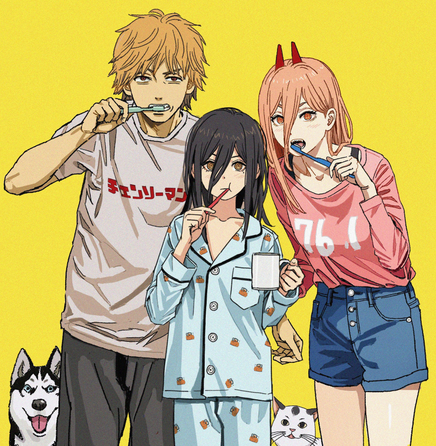 1boy, 2girls, :t, absurdres, black_hair, blonde_hair, blush, brushing_teeth