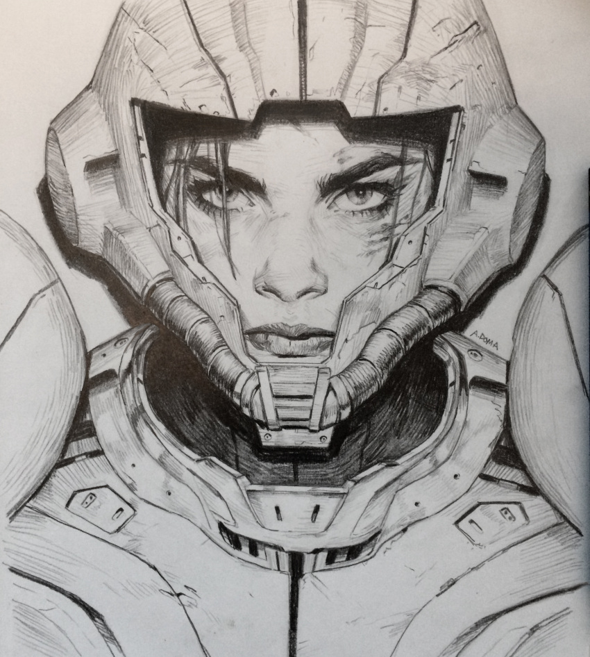 absurdres, andrew_domachowski, concept_art, damaged, dirty, eyelashes, graphite_(medium), helmet