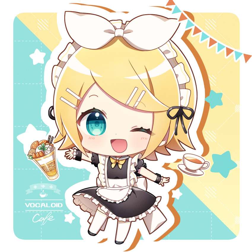 1girl, alternate_costume, apron, aqua_eyes, black_dress, black_footwear, blonde_hair, bow