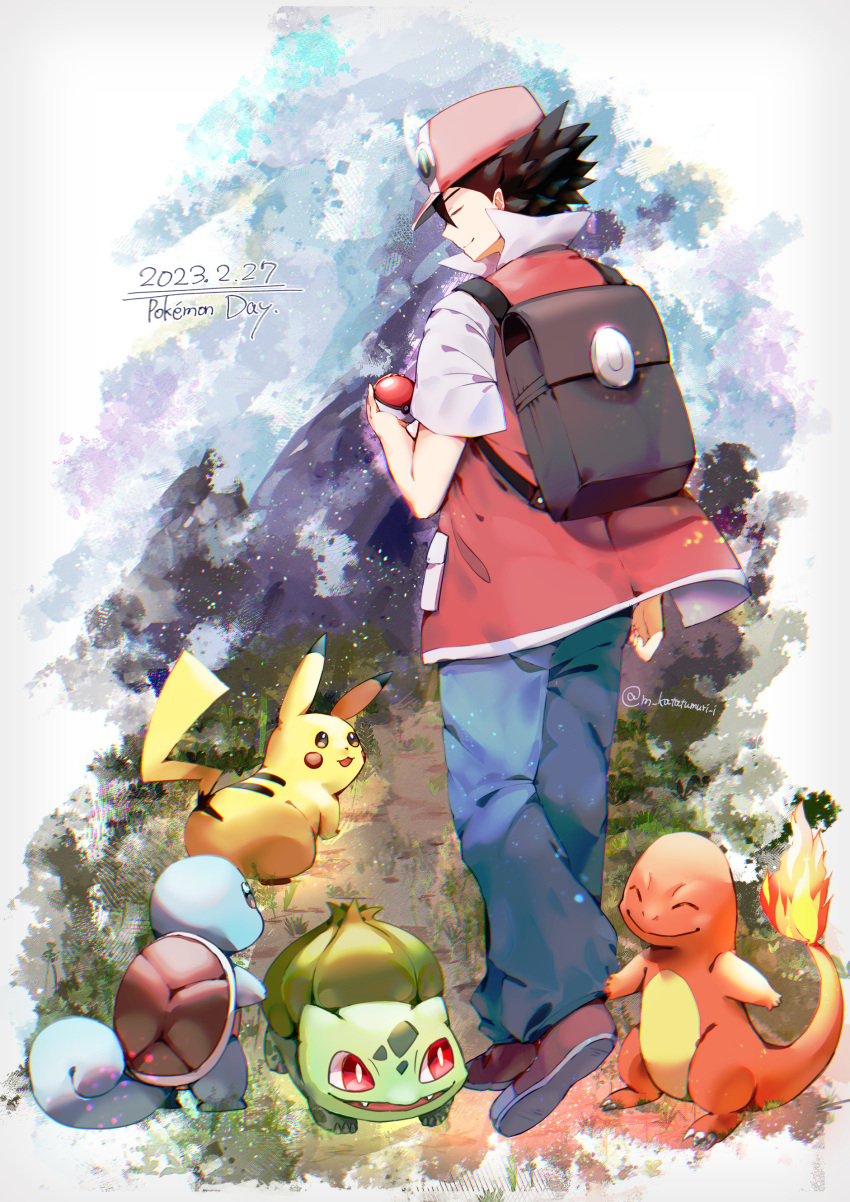 1boy, absurdres, backpack, bag, black_bag, black_hair, blue_pants, bright_pupils