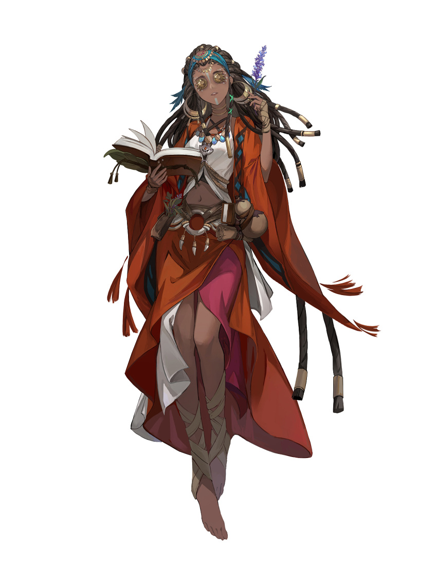 1girl, alternate_costume, bandana, barefoot, belt, belt_pouch, black_hair, black_undershirt, book, brown_belt, button_eyes, collar, criss-cross_halter, dark-skinned_female, dark_skin, dreadlocks, earrings, facepaint, facial_mark, flapper_shirt, flower, full_body, gourd, hair_pulled_back, hair_tubes, halterneck, hand_wraps, herb, high-low_skirt, highres, holding, holding_book, holding_flower, hoop_earrings, identity_v, jacket, jewelry, leg_wrap, long_hair, long_sleeves, looking_at_viewer, majimaji_studio, midriff, o-ring, open_book, open_clothes, open_jacket, parted_lips, patricia_dorval, pendant, pouch, purple_flower, red_jacket, red_skirt, rope, scroll, shirt, simple_background, skirt, solo, standing, tassel, undershirt, white_background, white_shirt, wide_sleeves, yellow_eyes
