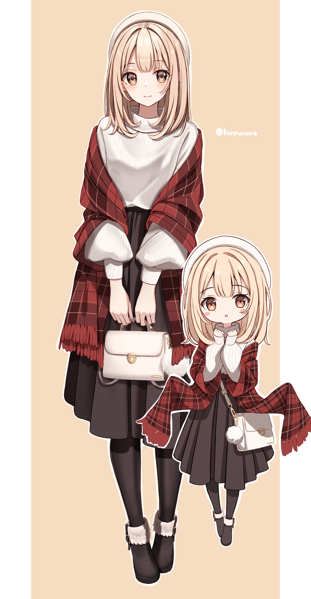 1girl, bag, beret, black_pantyhose, black_skirt, blush, brown_eyes, closed_mouth