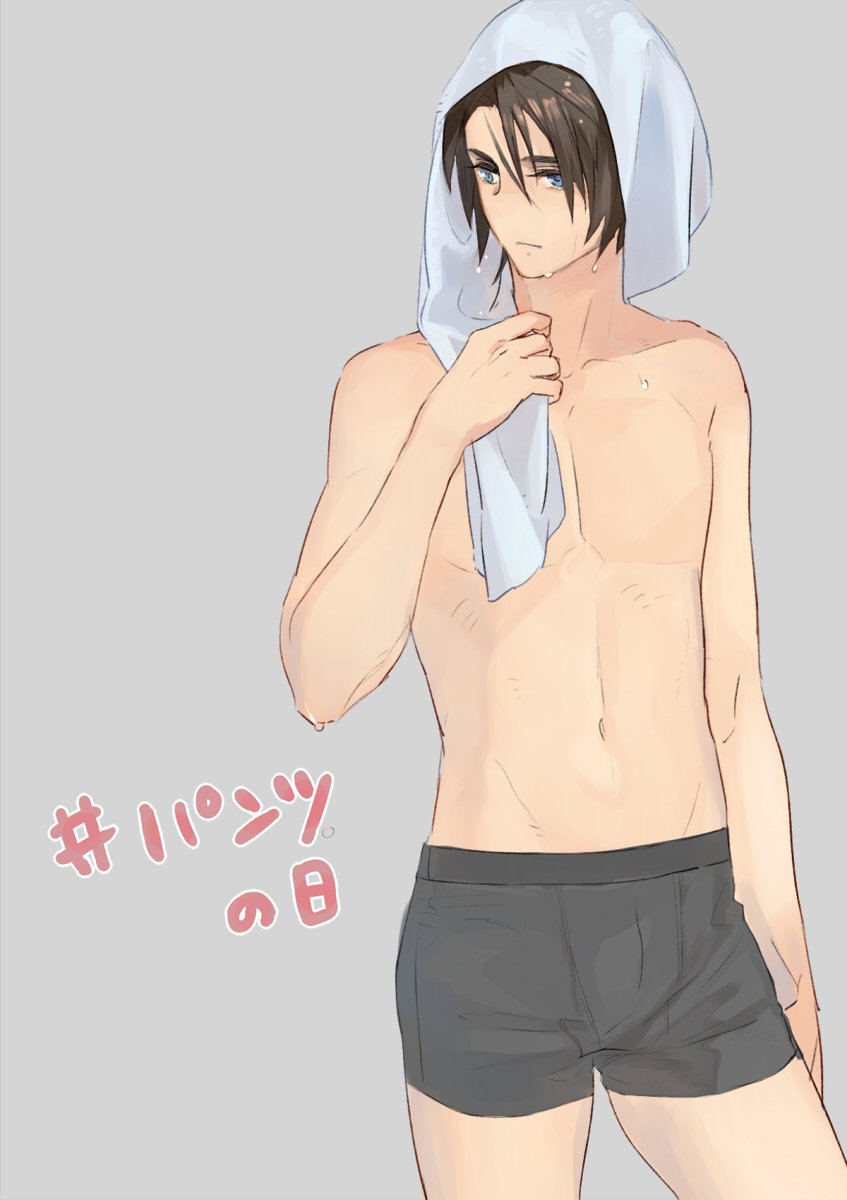 1boy, black_male_underwear, blue_eyes, brown_hair, expressionless, final_fantasy, final_fantasy_viii, grey_background