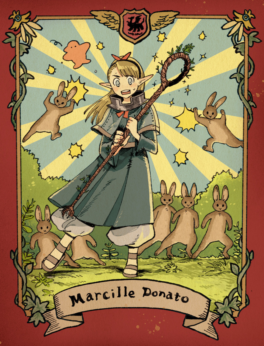 1girl, blonde_hair, blue_capelet, blue_eyes, blue_robe, border, bush, capelet, character_name, creature, dancing, dungeon_meshi, full_body, gorget, grass, hands_up, highres, holding, holding_staff, long_hair, long_sleeves, marcille, open_mouth, pants, petermann, plant, pointy_ears, ponytail, puffy_pants, rabbit, robe, sandals, solo, sprout, staff, standing, sunburst, sunburst_background, sweat, vines, white_pants, yellow_border