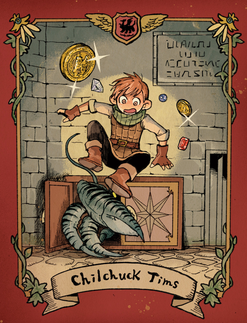 1boy, armor, belt, blue_gemstone, boots, border, brick_wall, brown_footwear, character_name, chilchuck, coin, crab, creature, diamond_(gemstone), dungeon_meshi, fingerless_gloves, gem, gloves, halfling, highres, indoors, jumping, leather, leather_armor, leather_gloves, looking_at_animal, looking_down, male_focus, neck_warmer, open_mouth, petermann, plant, red_gemstone, redhead, shirt, shoe_soles, short_hair, sitting, sleeves_rolled_up, standing, surprised, vines, white_shirt, yellow_border