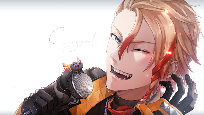 1boy, absurdres, axel_syrios, axelotl_(axel_syrios), black_gloves, blue_eyes, braid, fang