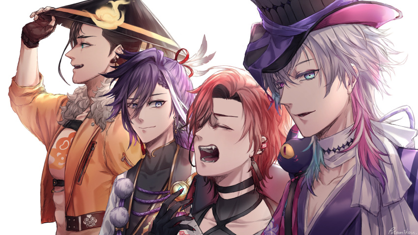 4boys, absurdres, banzoin_hakka, blue_eyes, earrings, fingerless_gloves, fur_trim, gavis_bettel