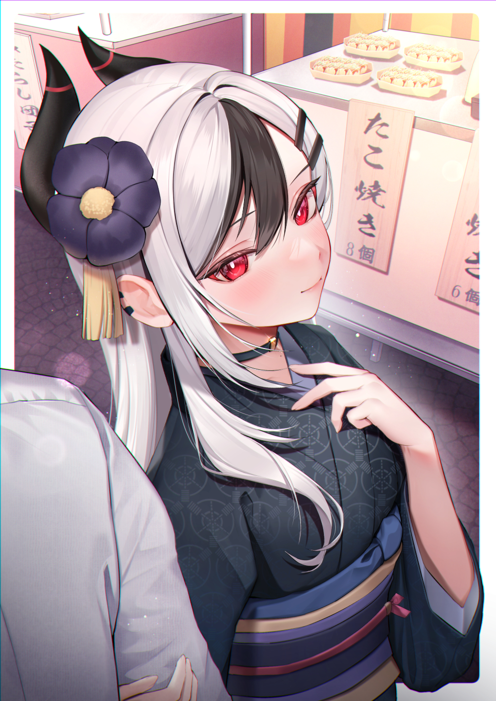 1girl, 1other, black_choker, black_hair, black_horns, black_kimono, blue_archive, blush