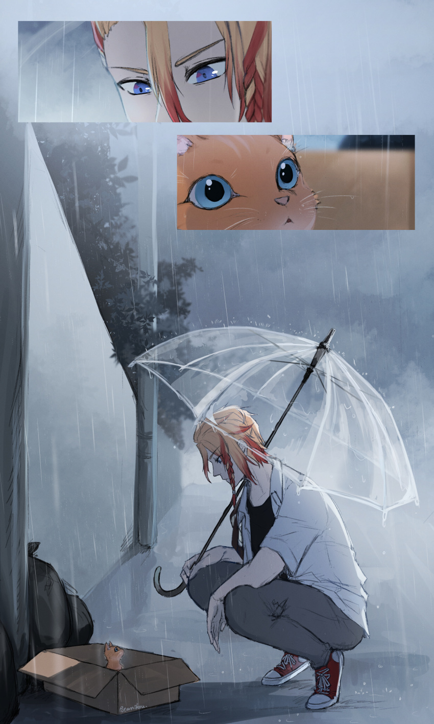 1boy, absurdres, animal, axel_syrios, blonde_hair, blue_eyes, box, braid