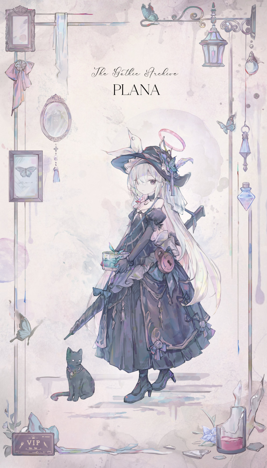 1girl, absurdres, black_eyes, black_hairband, black_headwear, blue_archive, character_name, closed_mouth