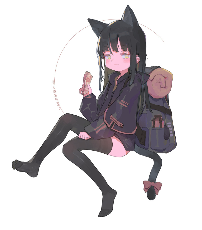 1girl, artist_name, bag, black_hair, black_jacket, black_thighhighs, blush, bow, cat_tail, closed_mouth, daquan_wubai, highres, holding, jacket, long_hair, no_shoes, original, simple_background, solo, tail, tail_bow, tail_ornament, thigh-highs, white_background, yellow_eyes