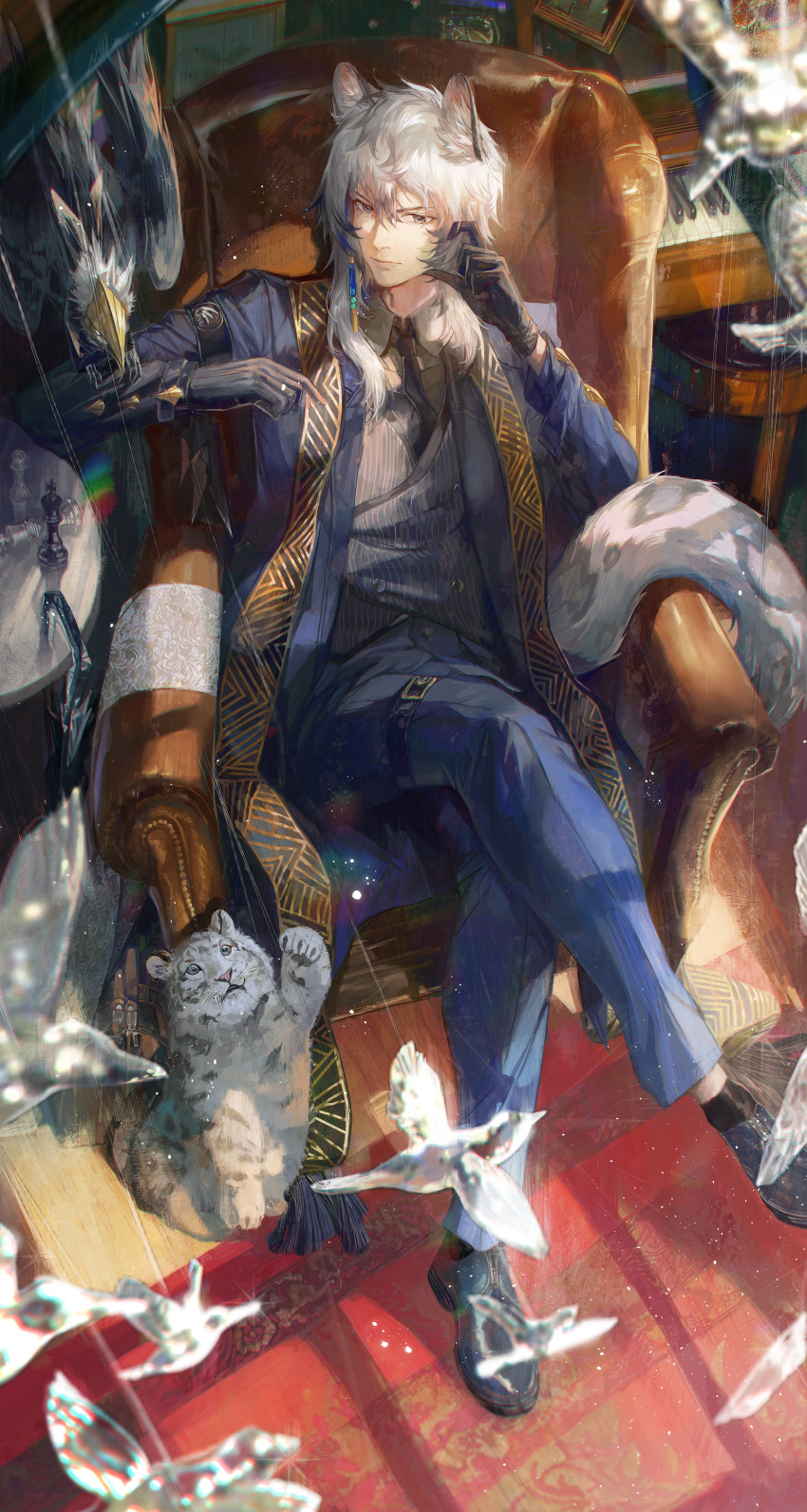 1boy, absurdres, animal_ears, animal_on_arm, arknights, armband, bird, bird_on_arm, black_gloves, black_socks, blue_jacket, chair, chess_piece, crossed_legs, daylightallure, full_body, glass, glass_animal, gloves, grey_eyes, grey_hair, grey_shirt, highres, instrument, jacket, king_(chess), kjerag_logo, leopard, leopard_ears, leopard_tail, looking_at_viewer, necktie, pawn_(chess), piano, shirt, shoes, short_hair_with_long_locks, silverash_(arknights), silverash_(york's_bise)_(arknights), sitting, socks, solo, suit, tail