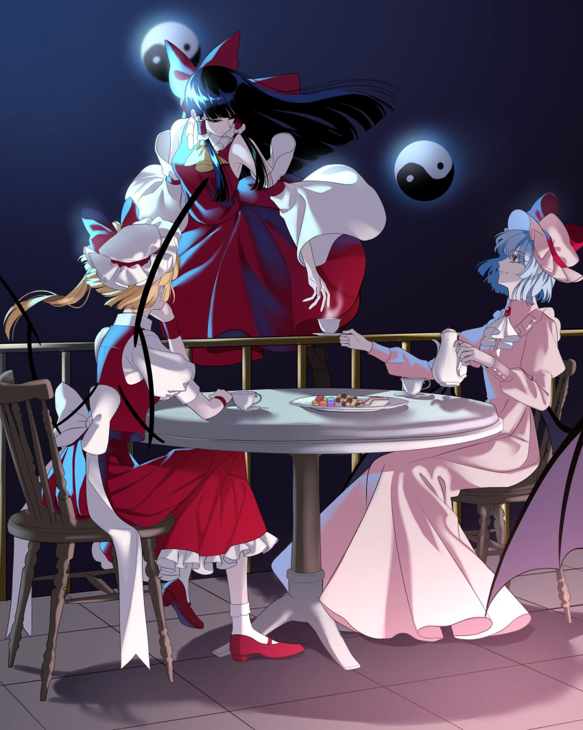 3girls, ascot, bat_wings, black_hair, blonde_hair, blue_hair, chair, cup
