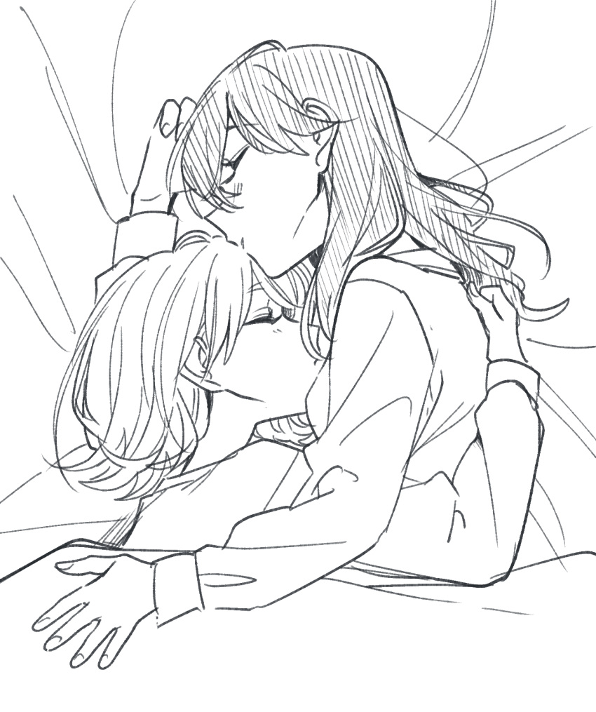 2girls, blush, closed_eyes, commentary_request, greyscale, hair_between_eyes, highres, honda_sora, hug, kashikaze, lonely_girl_ni_sakaraenai, long_hair, long_sleeves, medium_hair, monochrome, multiple_girls, parted_lips, sakurai_ayaka_(lonely_girl_ni_sakaraenai), sleeping, under_covers, yuri