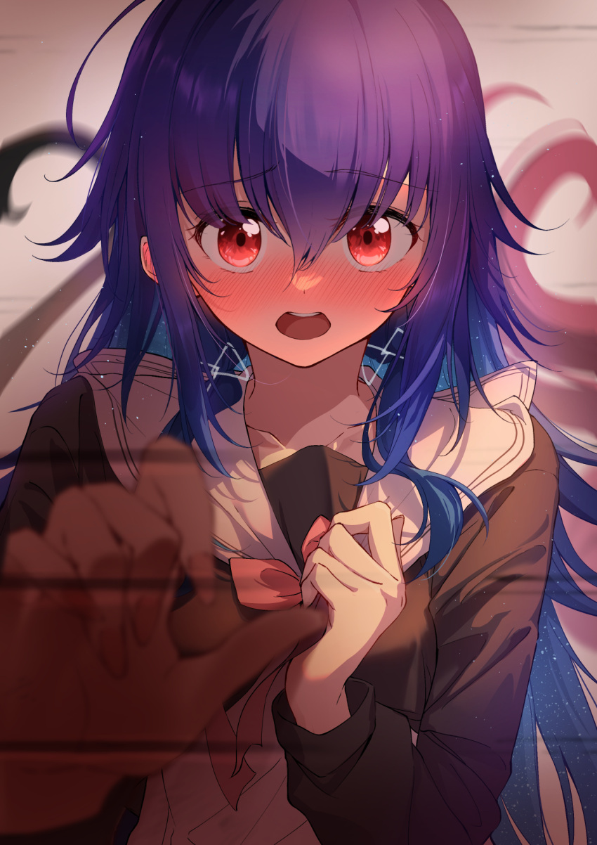 1girl, blue_hair, blush, bow, collarbone, cropped_jacket, fujinomisaki_school_uniform, gradient_hair, highres, hoshikuzu_telepath, konohoshi_umika, kootee-on, long_hair, long_sleeves, looking_at_viewer, messy_hair, multicolored_hair, open_mouth, purple_hair, reaching, reaching_towards_viewer, red_bow, red_eyes, red_ribbon, ribbon, sailor_collar, school_uniform, serafuku, solo, two-tone_hair, upper_body, very_long_hair
